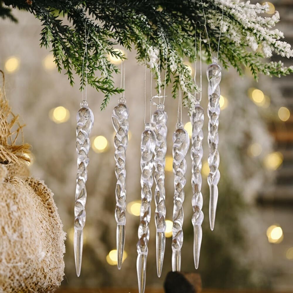 24pcs Christmas Hanging Icicles, 13x1 cm Icicle Ornaments Winter Decorations Hanging Ornaments for Christmas Tree with 7cm Lanyard