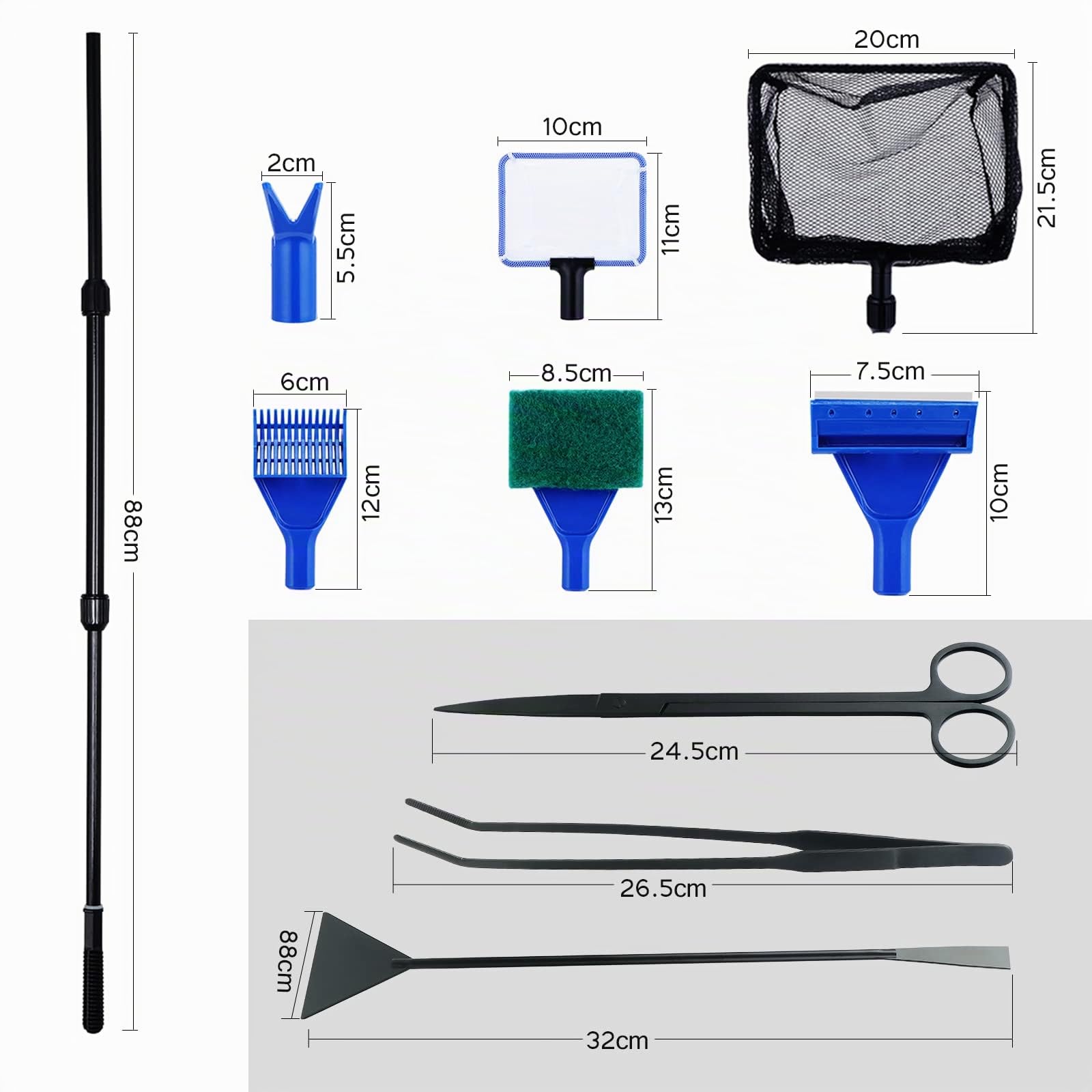 Coolty 9 en 1 Outils pour Aquarium pour Tailler Les Plantes Aquatiques Nettoyage de l'aquarium Filet à Poissons Râteau à Gravier Fourche à Plantes Grattoir Eponge Pince à épiler Ciseaux Grattoir