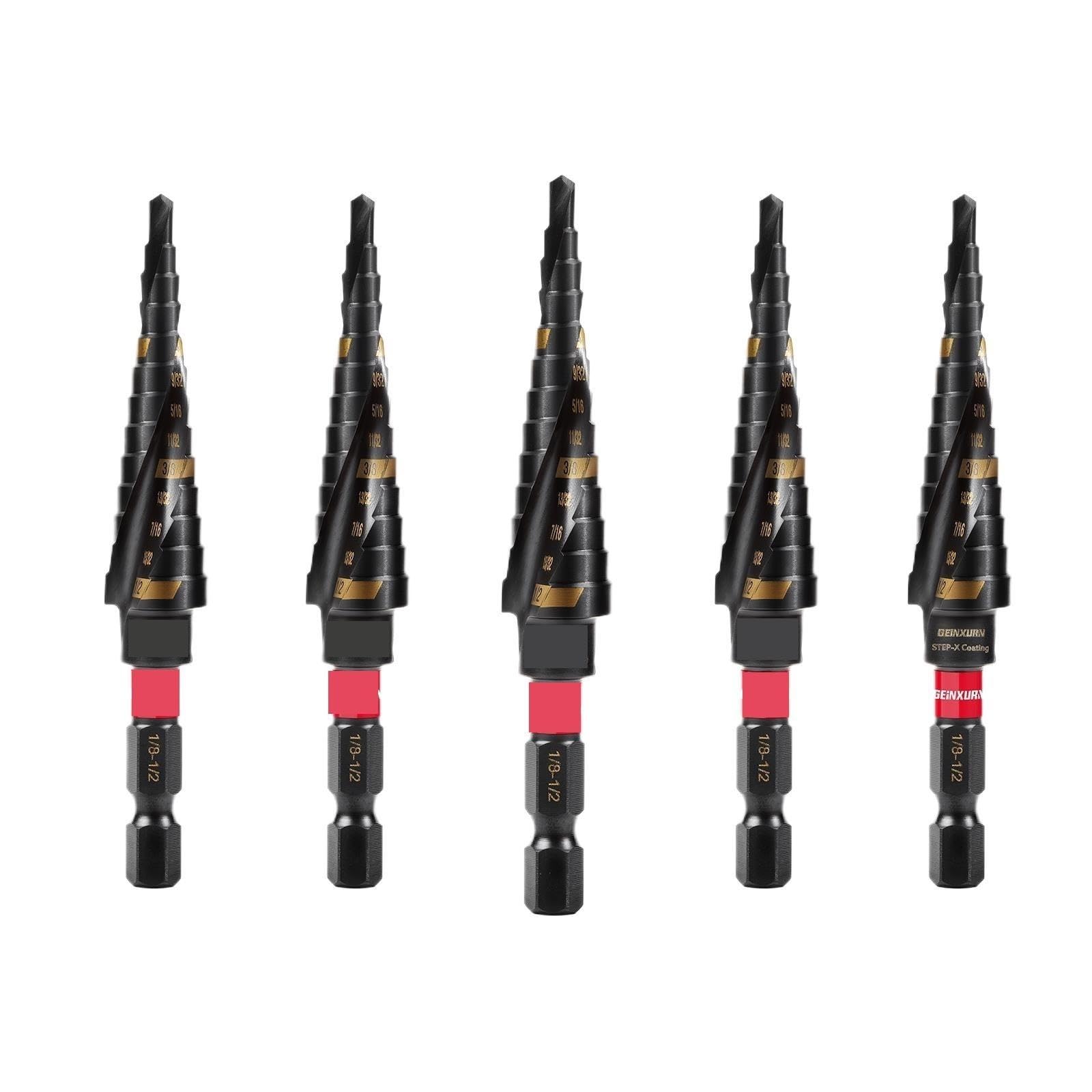 Punta A Scalare Set Di Punte for Trapano A Gradini In Titanio Da 1/8"-1/2" | Scanalatura a spirale Rimozione rapida dei trucioli e gambo a sgancio rapido for metallo, legno, plastica(5PCS)