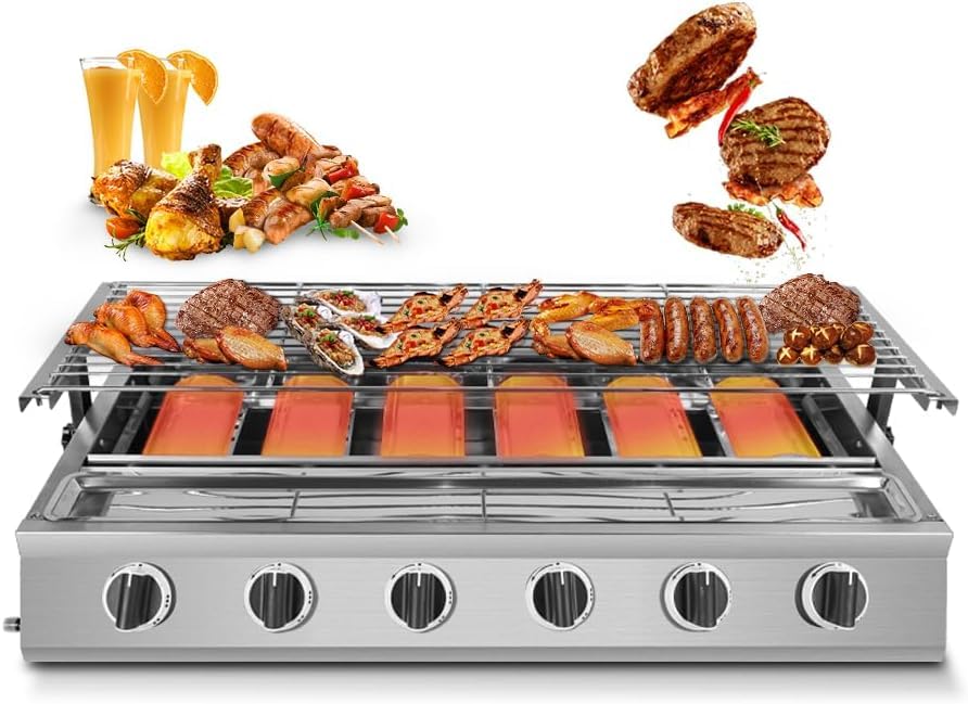 6-palnikowy bezdymny grill LPG ze szklaną pokrywą – idealny do gotowania na świeżym powietrzu, biwakowania, imprez ogrodowych i spotkań na patio