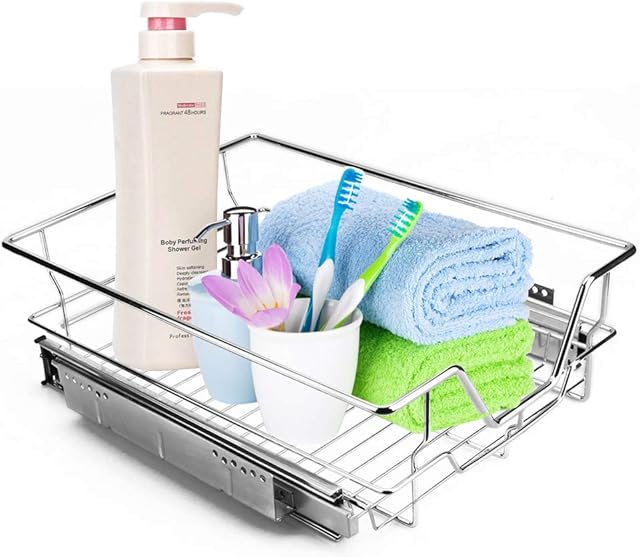 Telescopic Kitchen Drawer, Chromed Iron Kitchen Sliding Storage Basket Easy Pull-Out Closet Basket Pull-Out Kitchen Drawer 20kg High Capacity 31.5 x 44 x 13.5cm