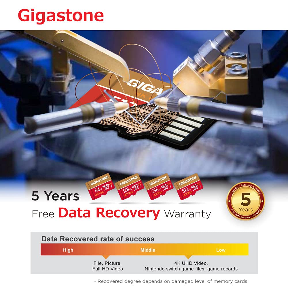 [Recupero dati gratuito per 5 anni] Scheda Micro SD Gigastone da 64 GB, 4K Game Pro, scheda di memoria MicroSDXC per Nintendo Switch, GoPro, telecamera di sicurezza, DJI, Drone, video UHD, R/W fino a