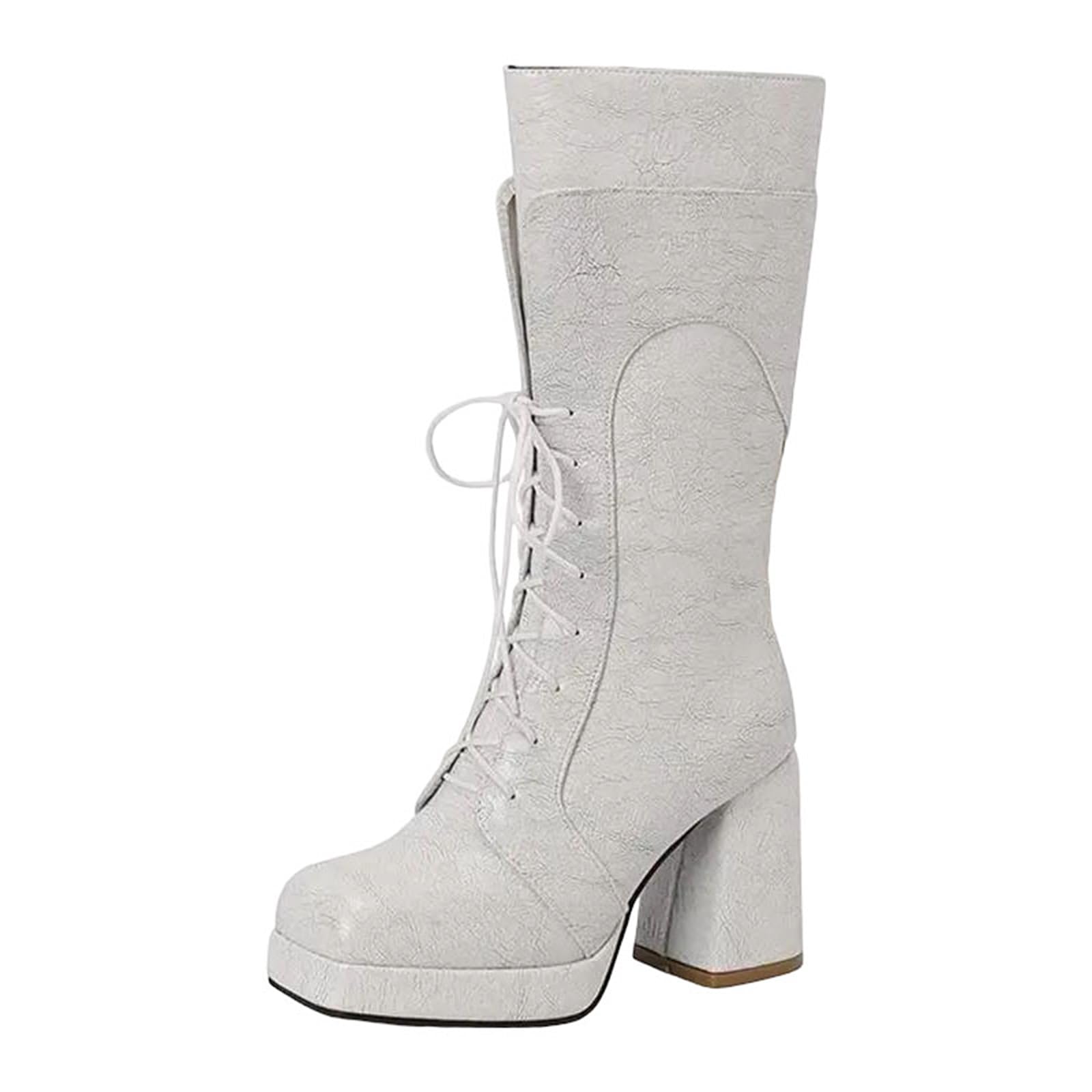 Womens Vintage Mid-Calf Boots Square Toe Block Heels Platform With Zipper Lace-Up And Unique Print For Casual Wear