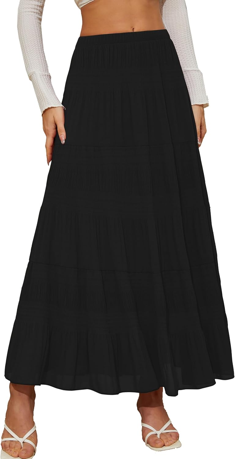 Women's Chiffon White Flowy Maxi Skirts Boho Fall Elastic Waisted Pleated A Line Long Skirt for Women 2025