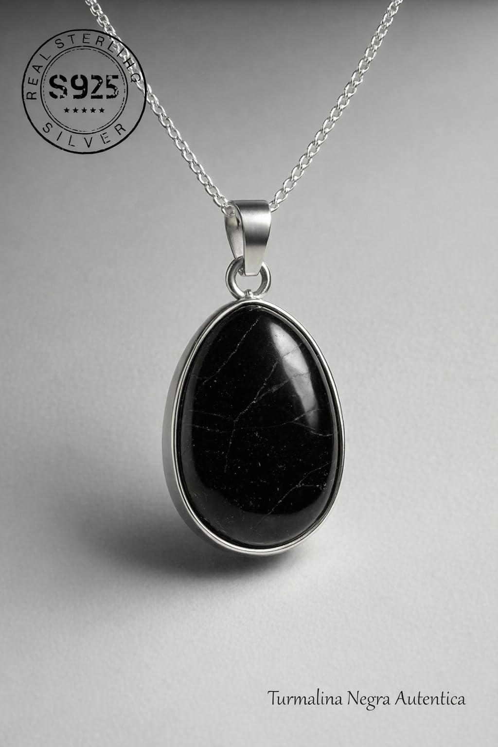 Only faith Collana con ciondolo in tormalina nera naturale in argento sterling 925, catena italiana 45 cm, pietra protettiva lucida, gioielli minimalistici da donna