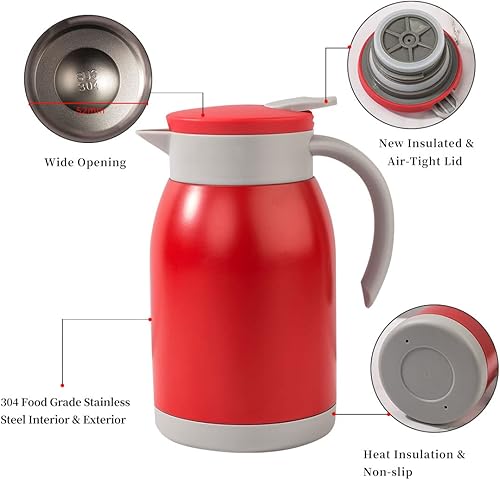 Miniatura 8 de Jarra térmica de acero inoxidable, doble pared aislada al vacío, mango de tacto fresco, retención de calor y frío, base de silicona antideslizante,