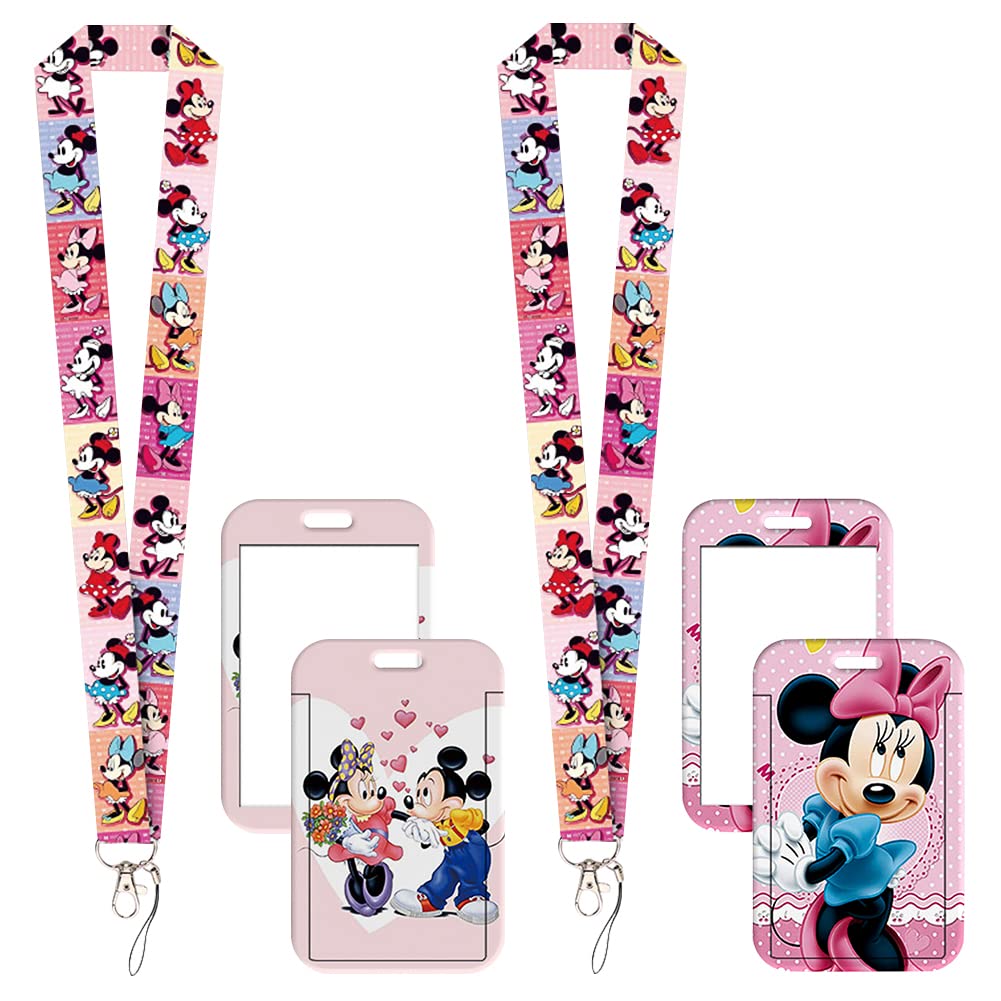 2 Piece Minnie Mickey Lanyard, LKNBIF Cartoon Long Card Lanyard, Minnie Lanyard Neck Strap Lanyard Key Chain Badge Holder Lanyard Cartoon Wrist Lanyard for Keys ID Card Office School Supplies (Pink)