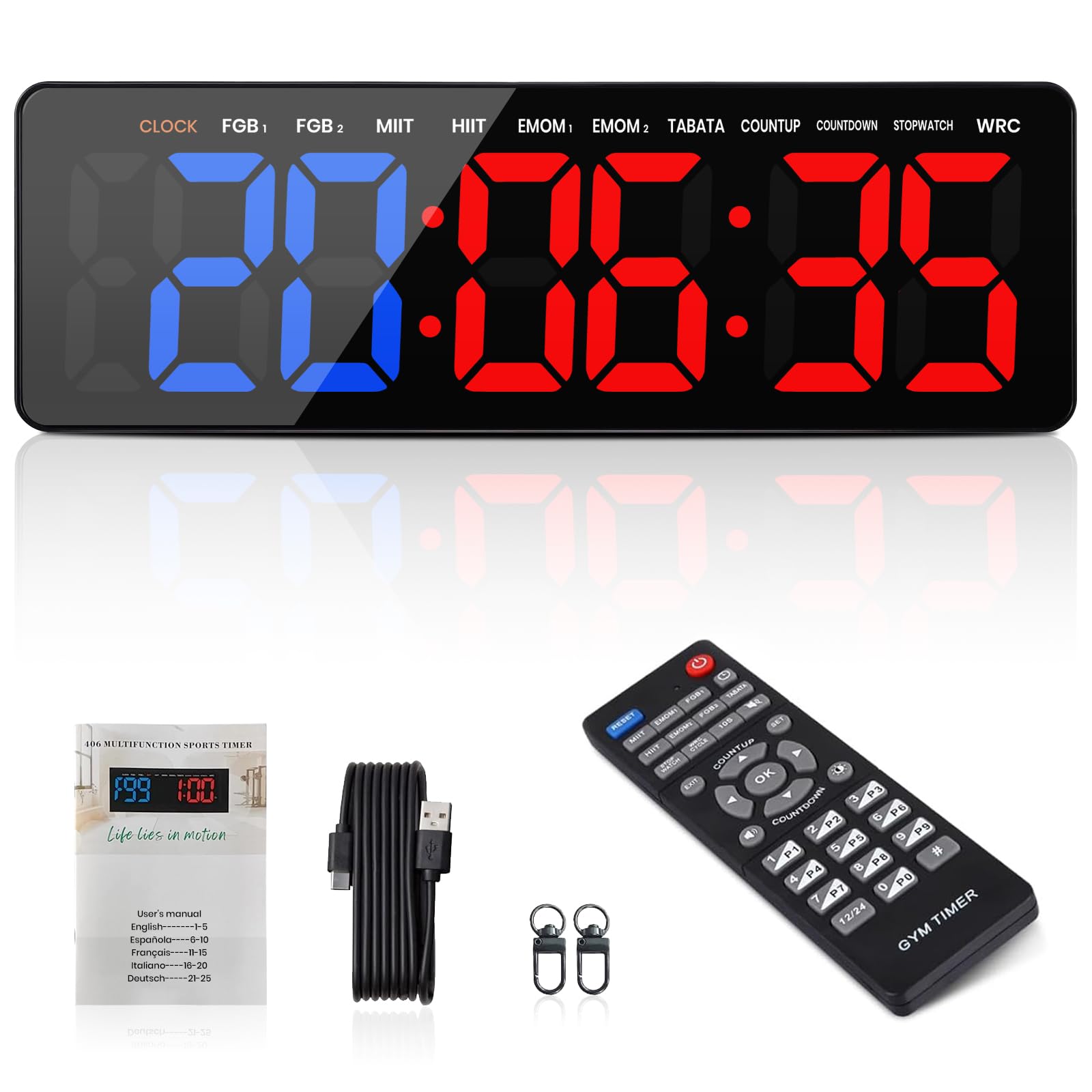 Temporizador Multifunción para Gimnasio- 13" Gran Reloj Pared Digital LED con Cronómetro Countdown/Up, Brillo/Volumen Ajustable,Control Remoto,Modos HIIT/Tabata/FGB/EMOM/MMA para Casa Garaje