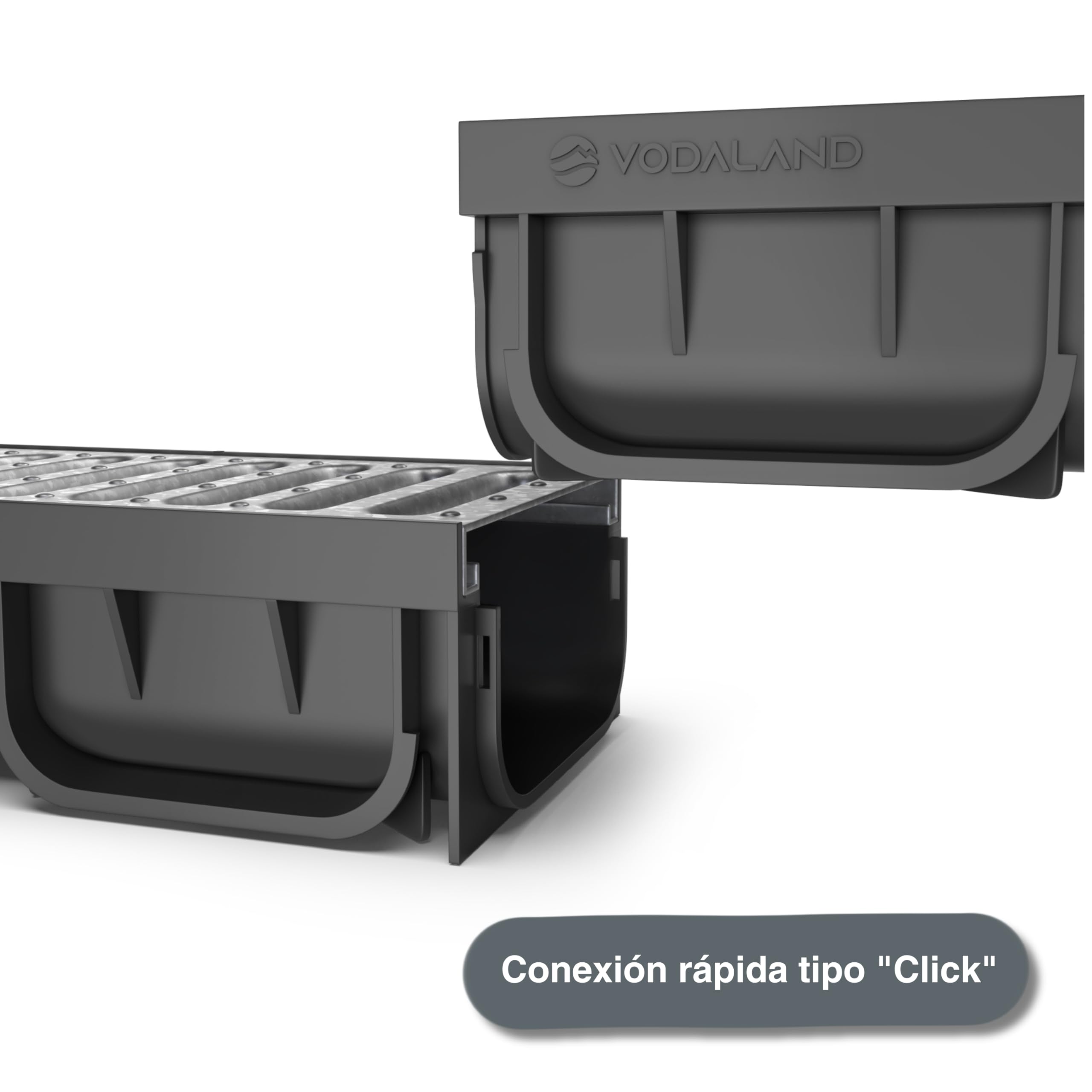 VODALAND - Canaleta de Desagüe Easy 2 con Rejilla de Acero Galvanizado - Kit de 5 Metros para Drenaje de Jardín y Aguas Pluviales | Alta Resistencia para Recoger Agua | Ideal para Terraza