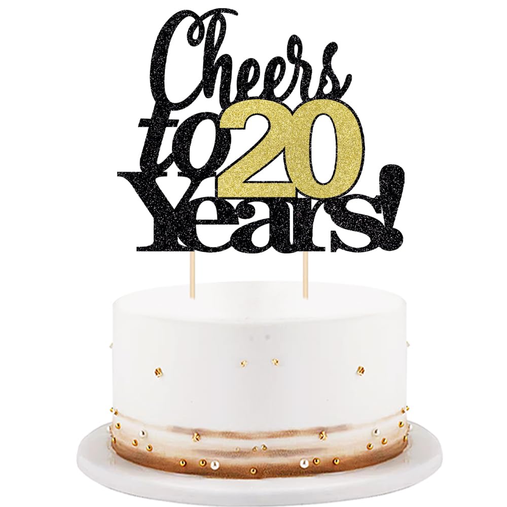 Photo 1 of LVEUD Black Font Golden Numbers Cheers to 20 Years Happy Birthday Cake Topper -Wedding,Anniversary,Birthday Party Decorations (20th)