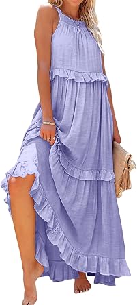 Womens 2024 Summer Dresses Sleeveless Halter Tie Back Maxi Dress Pleated Tiered Flowy Beach Long Dresses Sundress