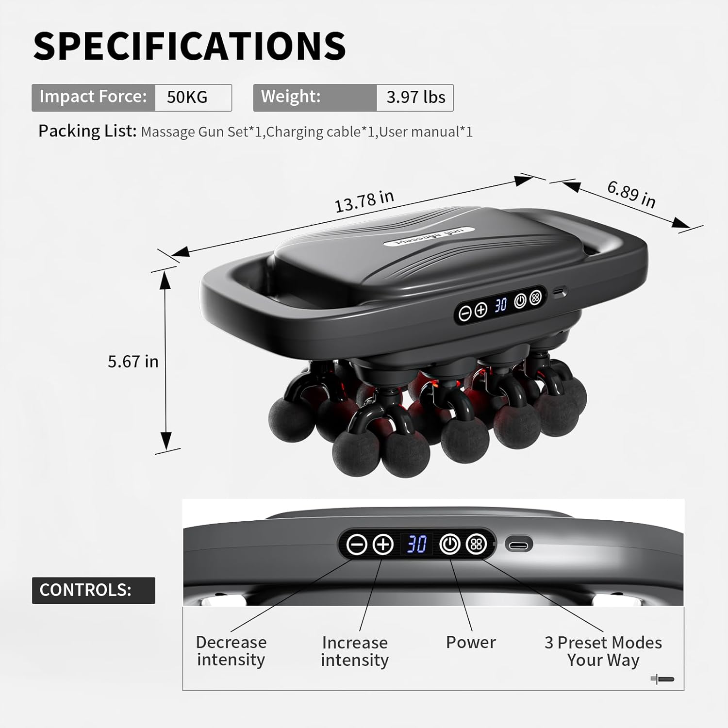 20-Head Massage Gun, 30 Intensity Levels 3 Modes, Deep Tissue Massager with 50KG Force & Noise-Free Motor for Neck Back Legs Shoulders, Portable for Full Body Muscle Recovery