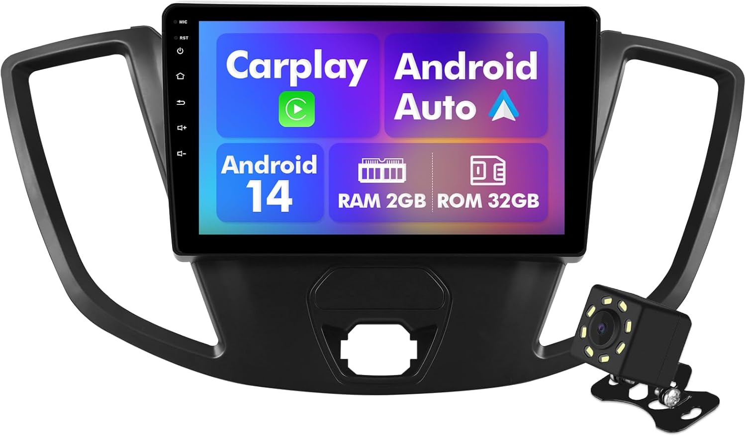 Android 14 Car Radio for 2+32G Ford Transit 2013-2019 9'' Touchscreen Car Stereo with Carplay Android Auto Backup Camera Mirror Link GPS Navigation WiFi Bluetooth FM Steering Wheel Controls