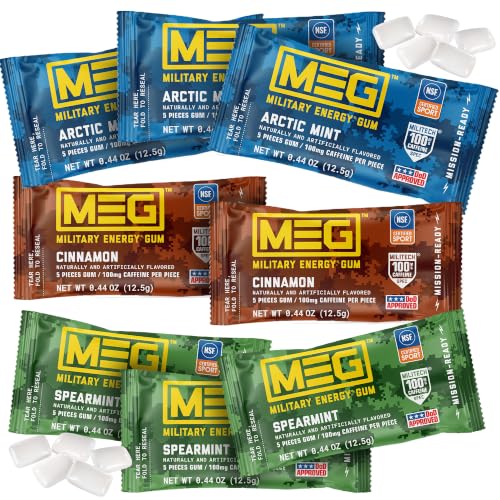 MEG - Military Energy Gum - Multi Flavors | 100mg Caffeine Per Piece for Physical Performance Energy Boost for Workouts Alternative to Energy Drinks | NSF for Sport Certified - Pack of 8 (40 Count)