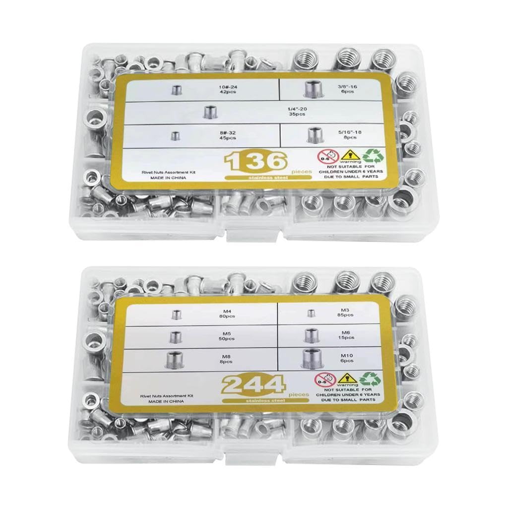 tuerca de remache, Tuercas de inserción roscadas de cabeza plana de acero inoxidable, Tuerca de remache de cabeza plana SAE duradera (plata, 380 piezas)