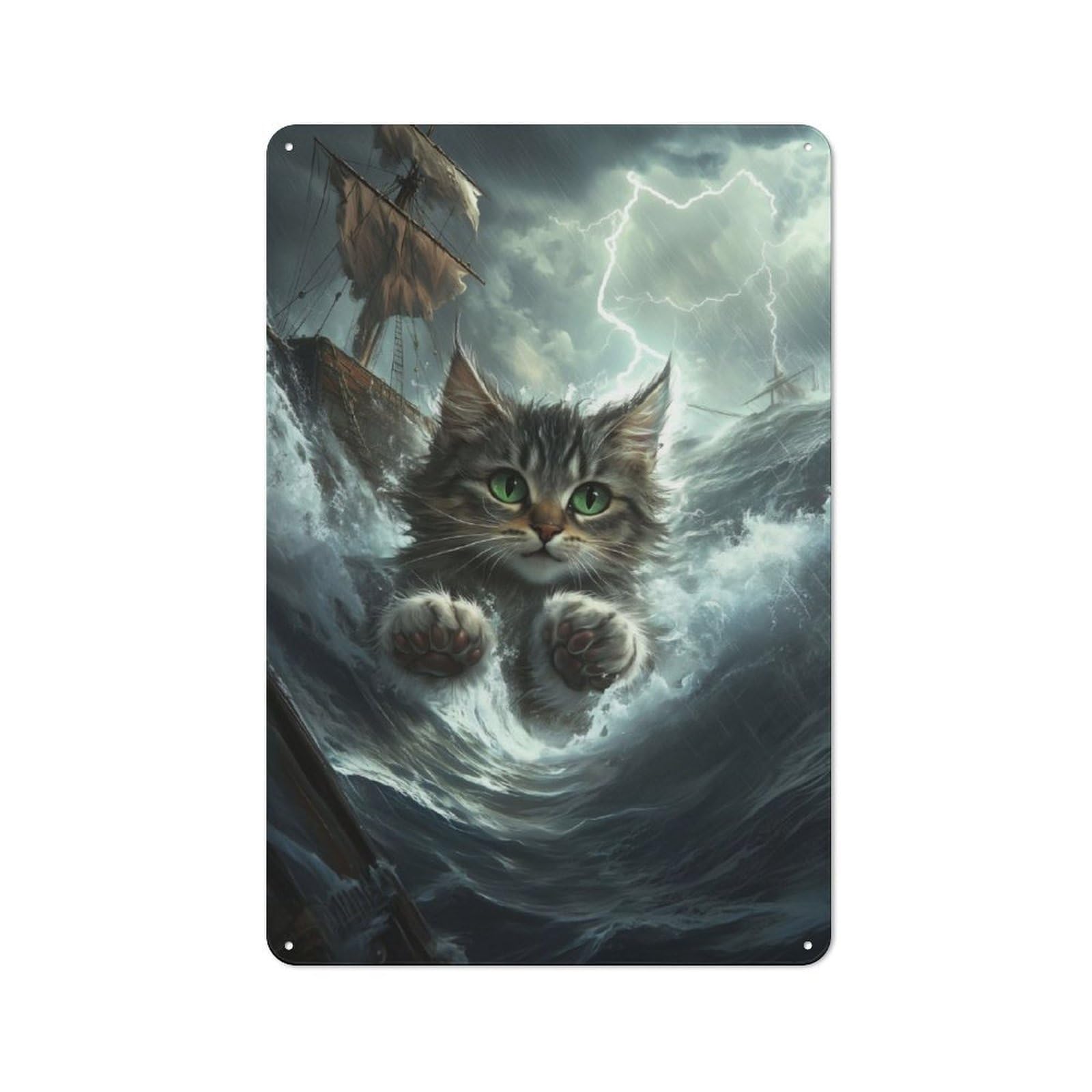 Junmoney Monster Cat In The Sea 30X20cm Retro Metal Plaque With For Garage Or Workshop, Housewarming Present For People Styling Garage And Workshop
