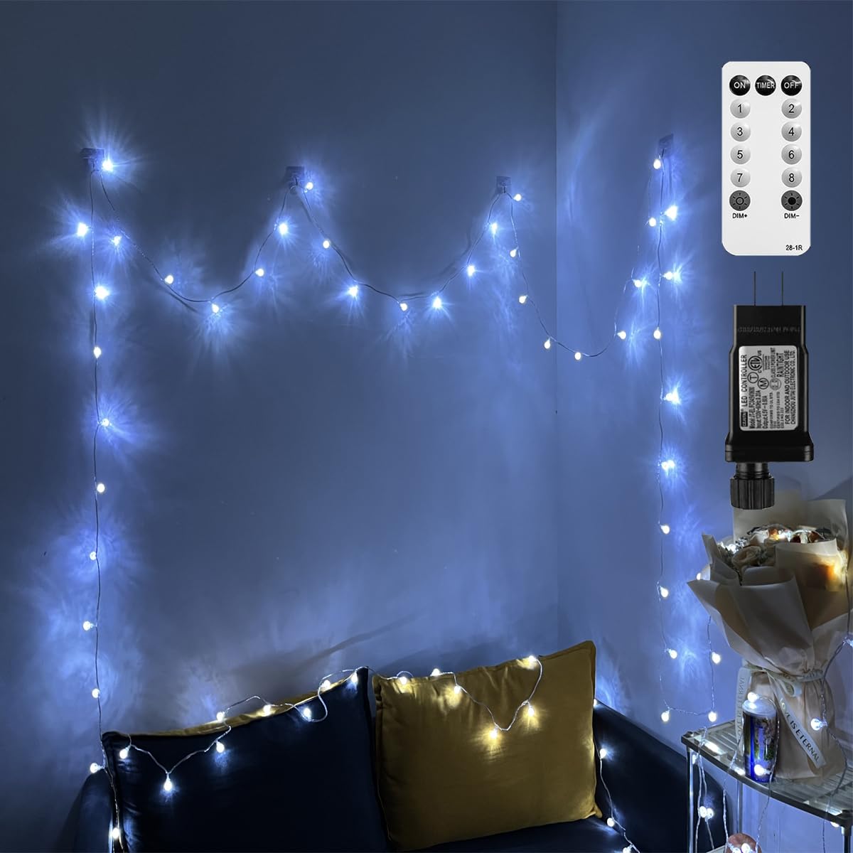 49 Feet 100 Led Globe String Lights,8 Modes with Remote Fairy Lights Plug in Indoor Outdoor Bedroom Party Wedding Garden Christmas Tree Decor,Pure White