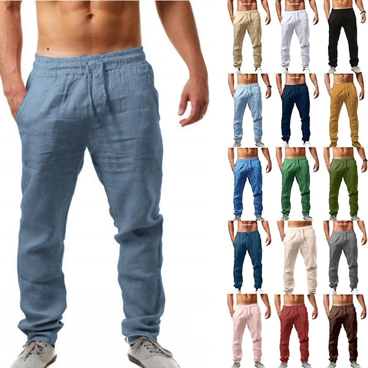 Pantalon en lin homme léger coupe slim et sarouel à cordon