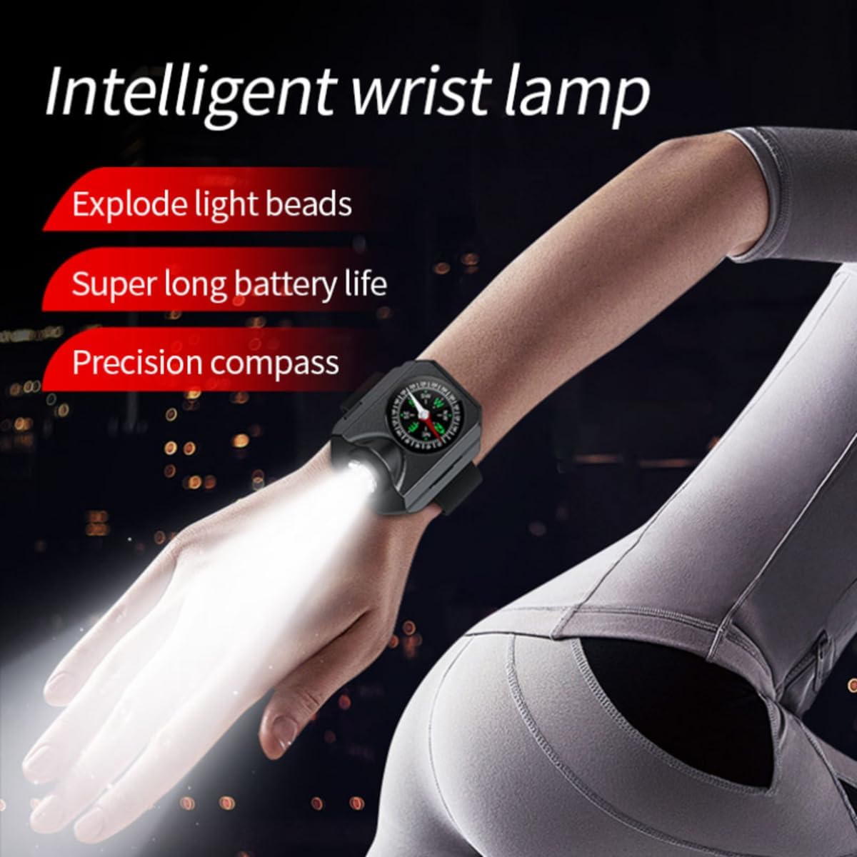 Multifunction Intelligent Wrist Lamp with Compass, LED Flashlight, Black, 5 Lighting Modes, USB-C Rechargeable