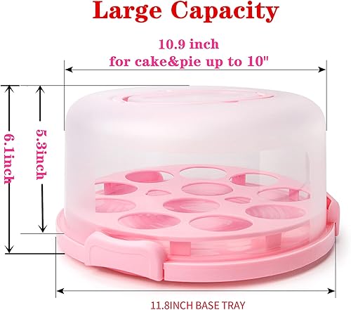 Miniatura 4 de Porta pasteles portátil con asa, soporte redondo para cupcakes con tapa, caja de almacenamiento de plástico para pasteles de 10 pulgadas, 3 bloqueos