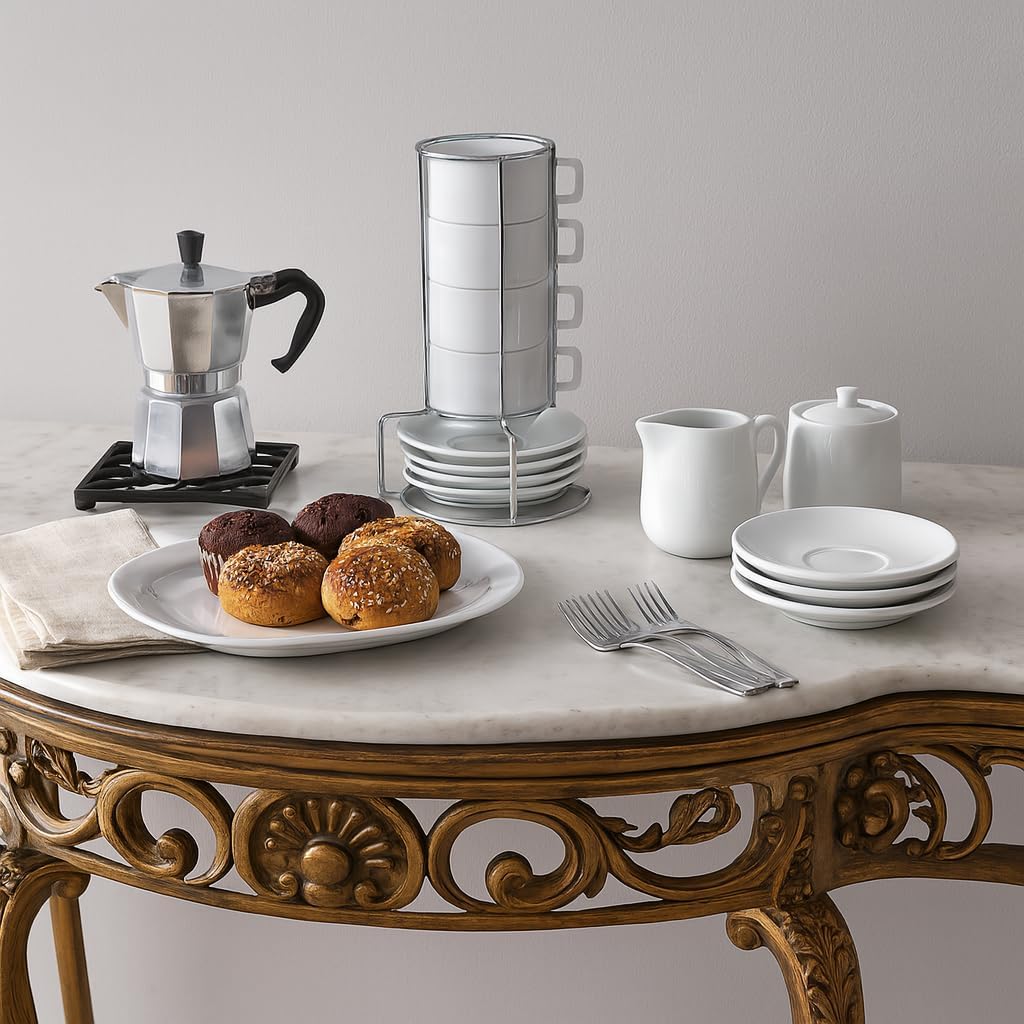 HIC Kitchen Stackable Espresso Coffee Set, Fine Porcelain, 9-Piece Set, 4-Ounce Service for 4 Plus Storage Stand