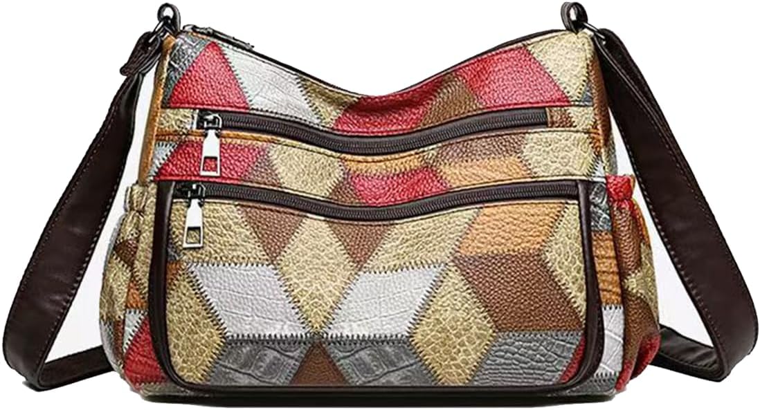 Women's Patchwork Crossbody Bag Soft Fabric Multi-Pocket Shoulder Purse with Adjustable Strap & Metal Hardware