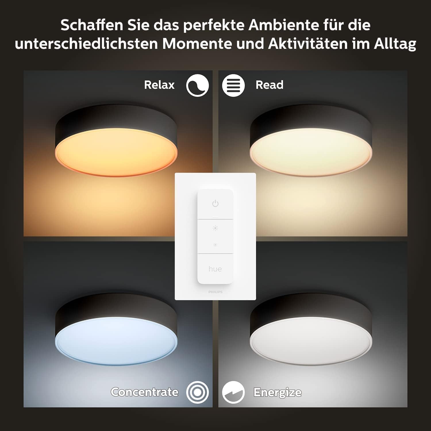 Philips Hue White Ambiance Enrave Deckenleuchte M schwarz 1900lm inkl. Dimmschalter, dimmbar, alle Weißschattierungen, steuerbar via App, kompatibel mit Amazon Alexa (Echo, Echo Dot)