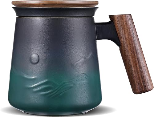 ZENS Taza de té de cerámica en relieve con infusor y tapa, mango de madera de 14.5 onzas, tazas de té de hojas sueltas y colador para regalos para