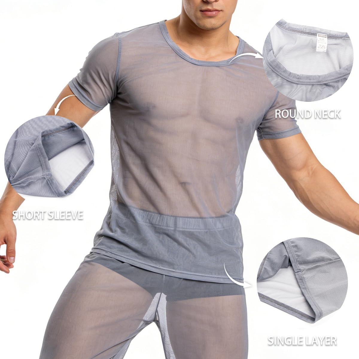 YINYOUYU Mens See Through Pajamas Set Sexy Mesh Muscle T Shirt Lounge Pants Underwear Sheer Sleepwear Clubwear