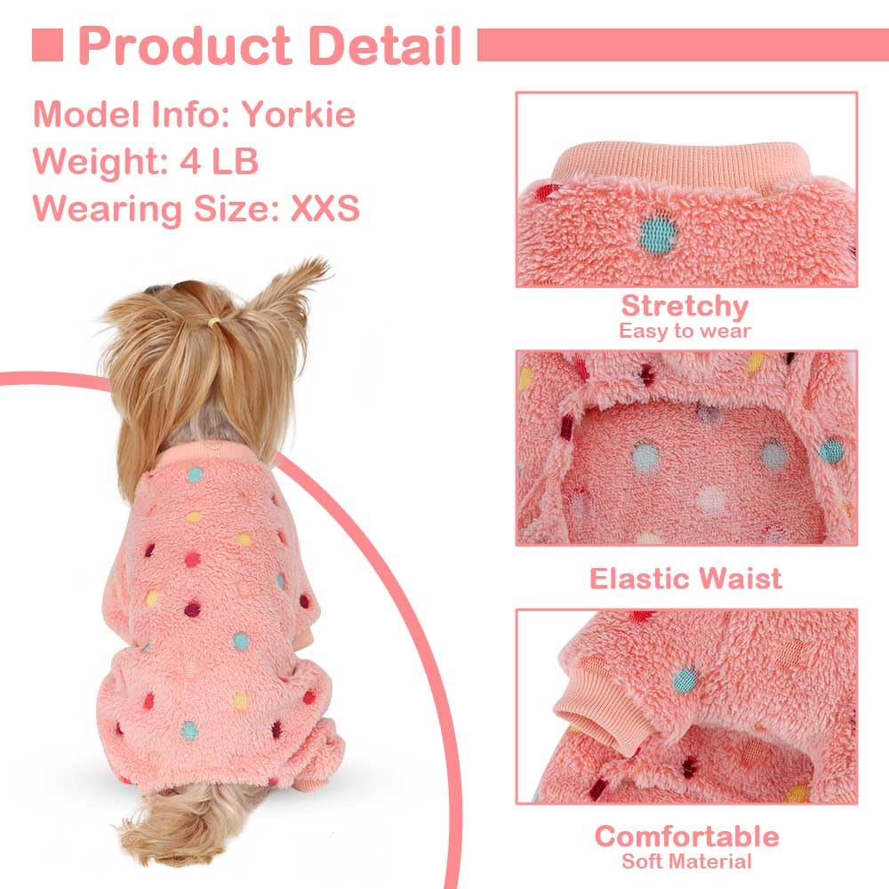 Sebaoyu Fleece Dog Sweater for Small Girl Boy Winter Cute Warm Pajamas Polka Dot Pet Clothes Puppy Yorkie Cat Tiny Outfit Pjs 4 Legs Jumpsuit(Pink,XX-Small)