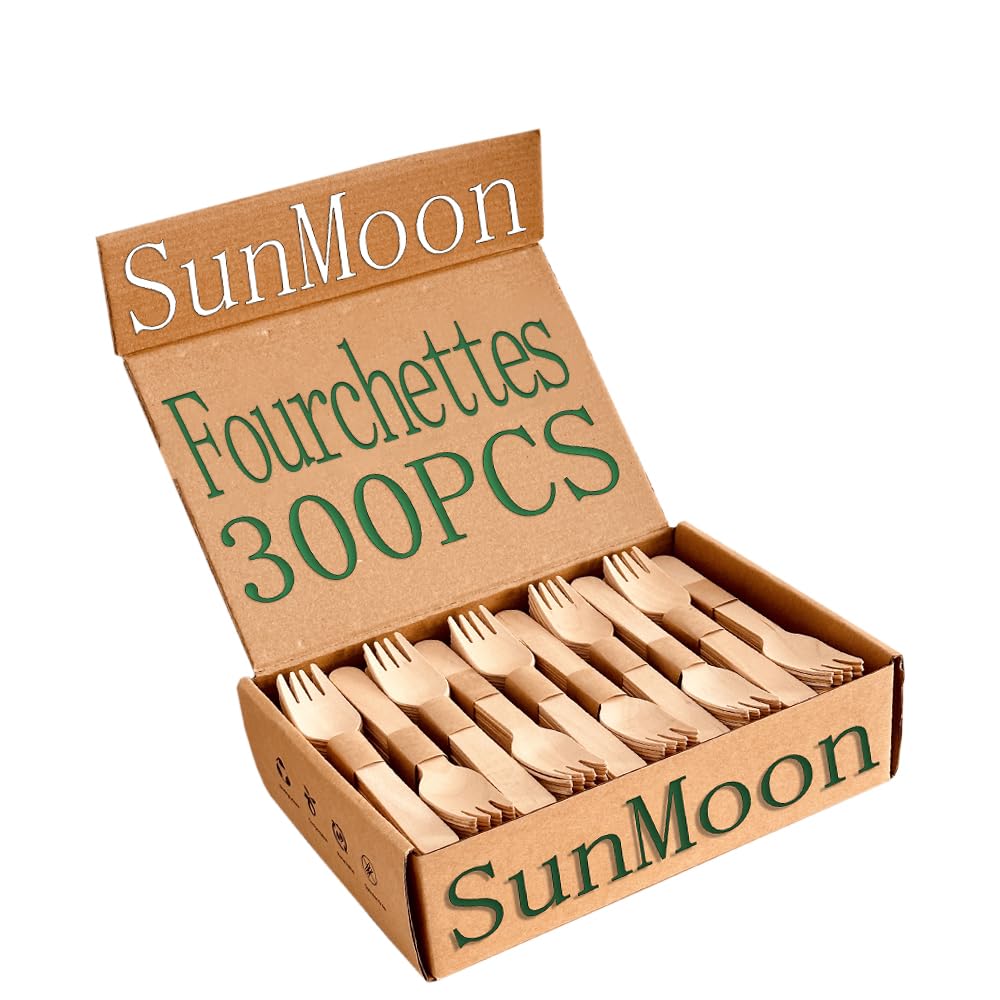 SunMoon Eco Friendly 300 Pack Forks en bois jetables, 16 cm de long, emballage sans plastique, remplaçant les fourches en plastique et en bambou, jetables