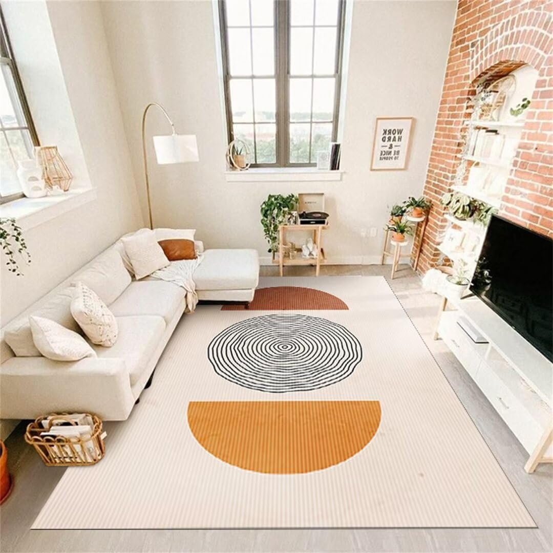 Tapis de salon orange et beige 200x280cm lavable et moderne à rayures