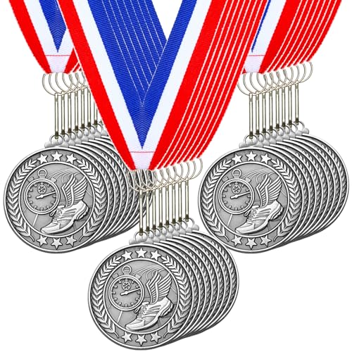 Remuuly 30/60/100 Pcs Track Award Medals Bulk 2 Trophy Track and Field Medals Running Race First Place with Neck Ribbons Prize Gift for Tournaments Sports Competition Group Adult(Silver 30 Pcs)