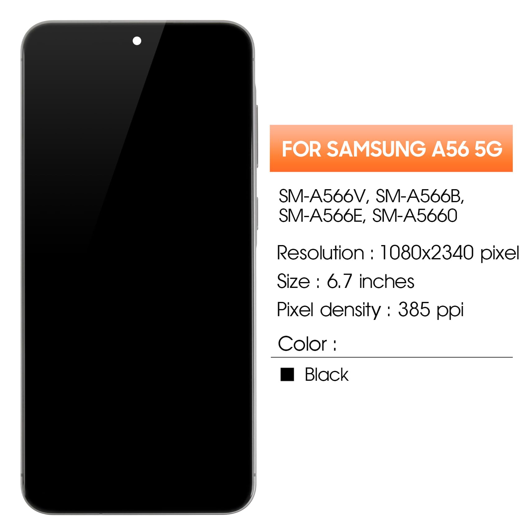 AGCUT Display LCD TFT per Samsung A56 LCD Display per Samsung Galaxy A56 5G A566 SM-A566B SM-A566E Schermo di Ricambio Digitalizer Touchscreen Assembly con Riparazione (Nero, senza impronta)