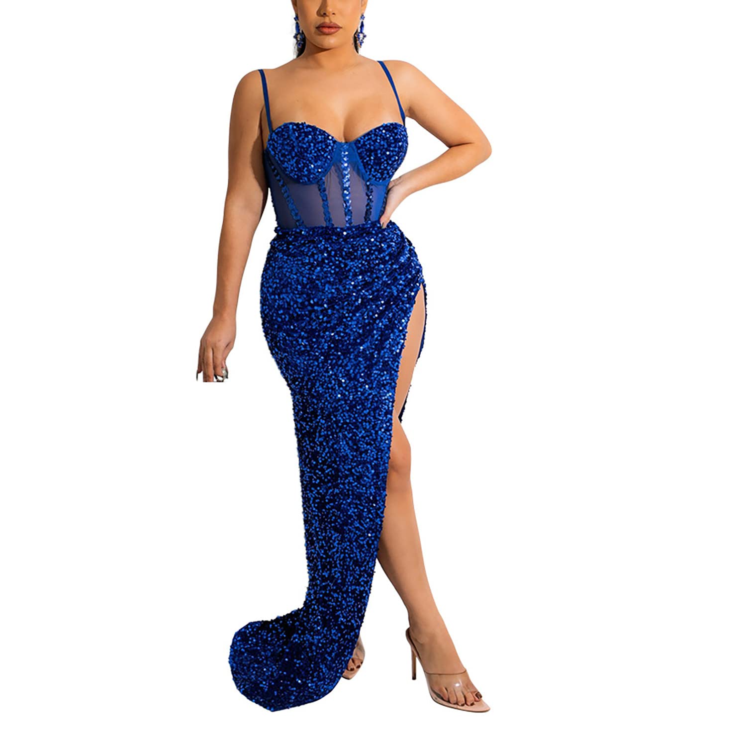 AlexQueen Women's Sexy Spaghetti Strap V Neck Mesh See Through Bodycon Sequin Gown Evening Dress with Slit