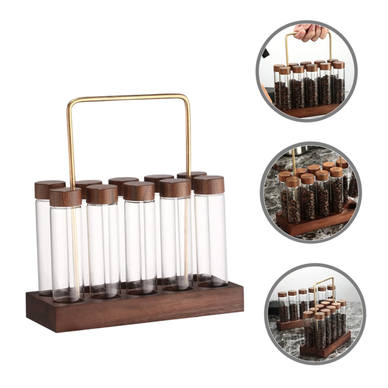 BESPORTBLE Kaffeebohnen Behälter Satz aus Glas mit Ständer, 1 Satz | Aufbewahrungsröhrchen für Bohnen, mit Holz und Messingelementen, für Küche und Kleine Küchen