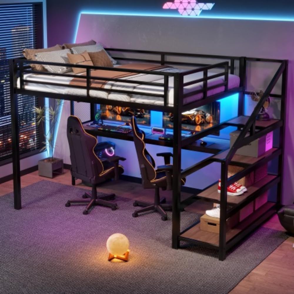 Condition photo showing New/Like New for full size metal loft bed with desk, storage stairs and led lights (black + coffee + full)