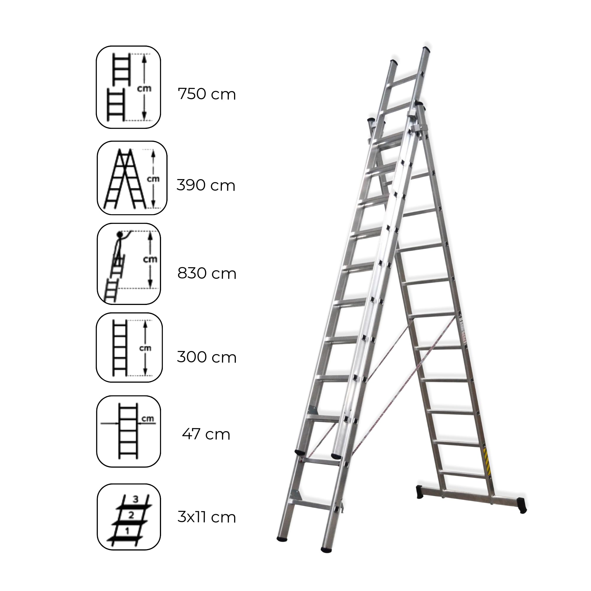 Homelux 825022 Escalera Aluminio Triple, 3 + 3 +3, 3 x 11 Peldaños, 18.5 kg
