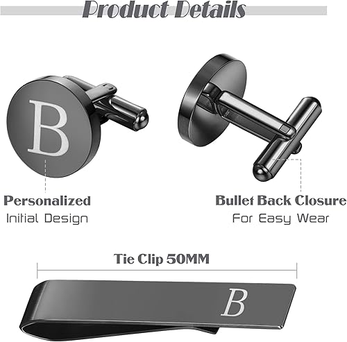 Miniatura 3 de LOYALLOOK Juego de gemelos negros con inicial y clip de corbata para hombre, gemelos de cobre personalizados y barra de corbata, letras del alfabeto