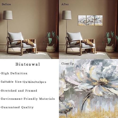 Miniatura 6 de Biuteawal 3 piezas de flores blancas y grises, decoración floral floreciente con pintura dorada, arte de pared, arte abstracto moderno, arte de