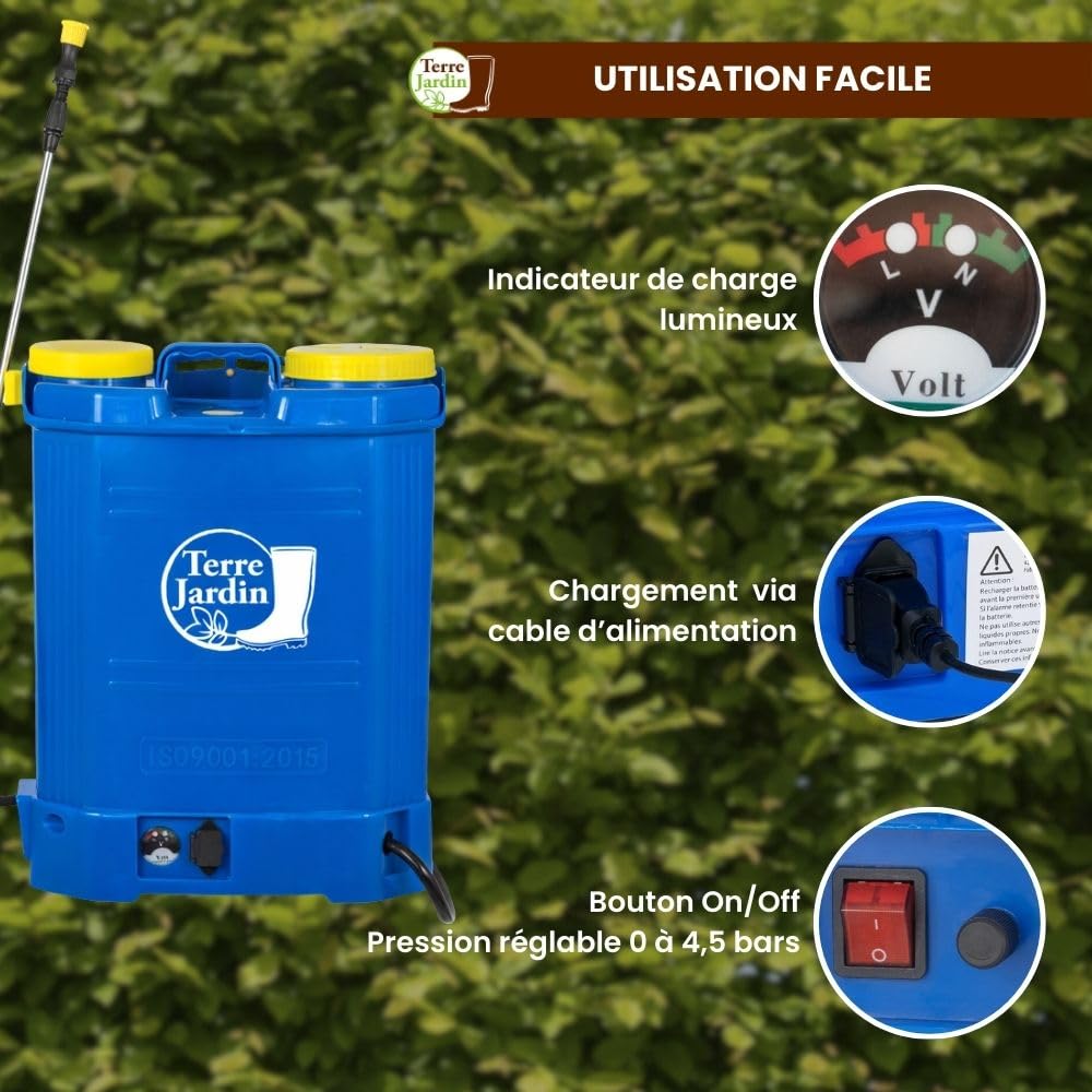 TERRE JARDIN Pulvérisateur Électrique Rechargeable 16L - Pulvérisateur de Jardin Dorsal à Batterie 12V avec Lance Télescopique et 4 Buses - Pulvérisateur pour Toiture, Plantes et Désherbage