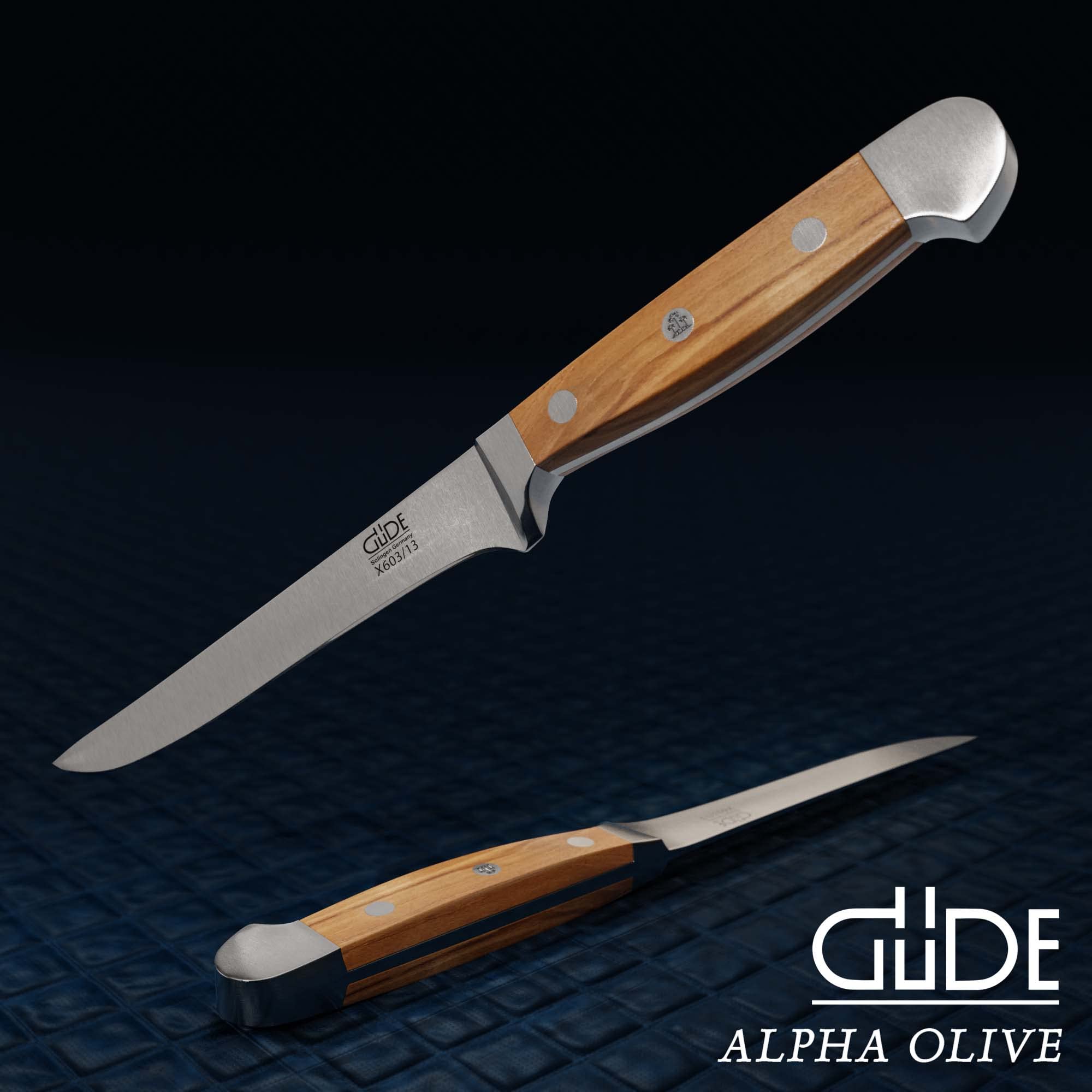 Güde Solingen - Coltello per disossare forgiato, 13 cm, legno d'ulivo, ALPHA-OLIVE - doppio collarino, fatto a mano in Germania