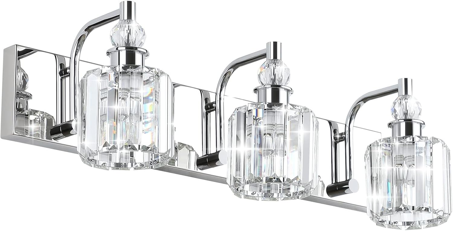 Ralbay Crystal Vanity Light Fixtures 3 Light Modern Crystal Bathroom Lights Fixtures Over Mirror Stainless Steel Chrome Vanity Light for Bathroom Wall Lights Fixtures