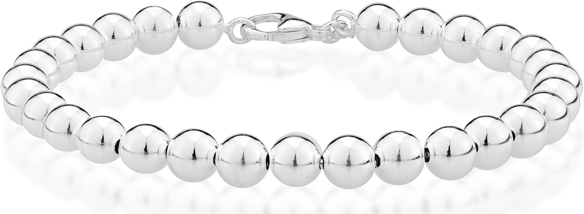 Miabella 925 Sterling Silver Italian Handmade 6mm Bead Ball Strand Chain Bracelet for Women, Made in Italy