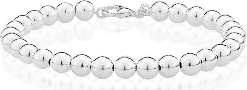 Miabella 925 Sterling Silver Italian Handmade 6mm Bead Ball Strand Chain Bracelet for Women, Made in Italy