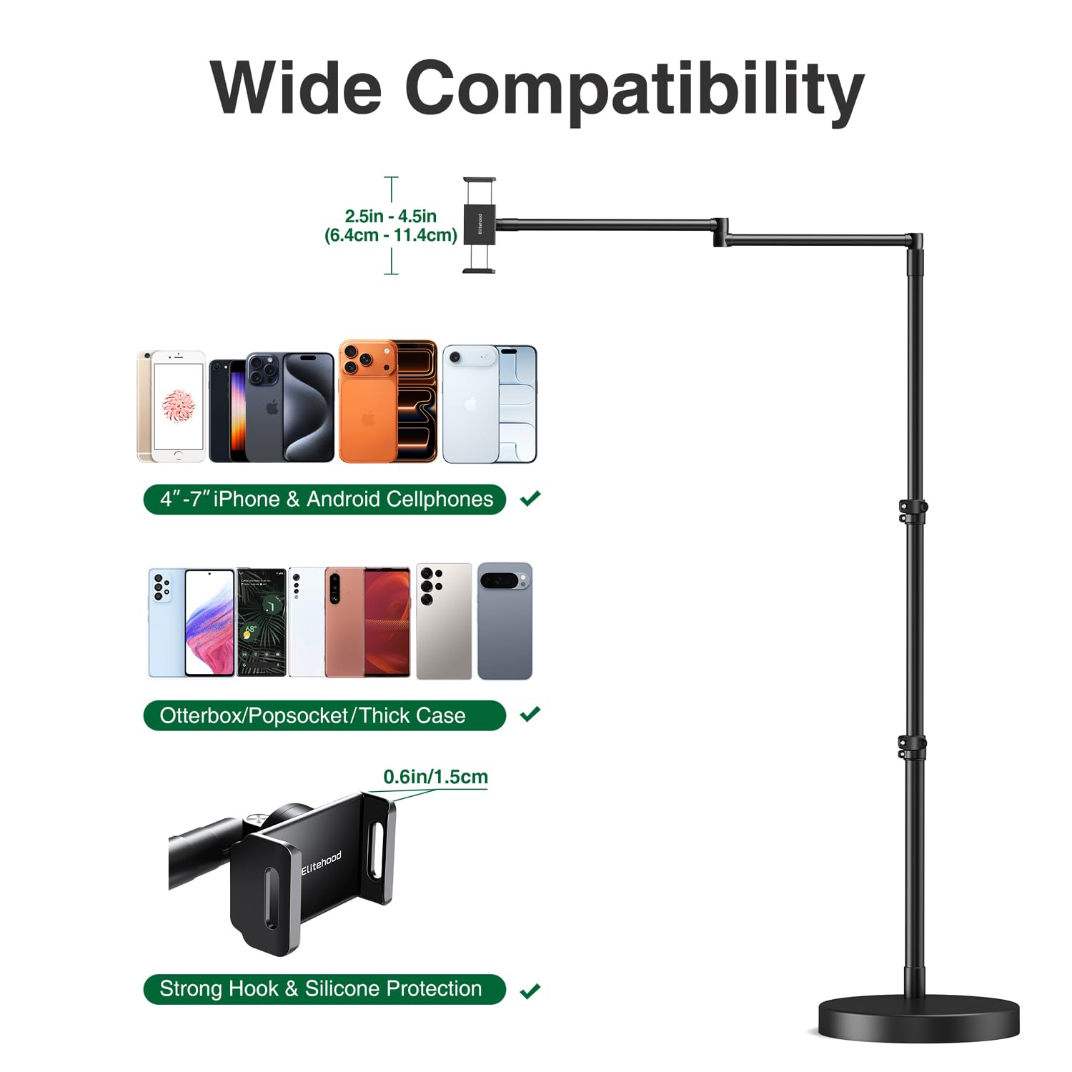 elitehood Wytrzymały aluminiowy uchwyt na telefon do łóżka z swobodnie obrotowym ramieniem 63.5 cm, podłogowy stojak na iPhone'a na leżankę sofę, telefon nad głową do nagrywania wideo, spotkanie