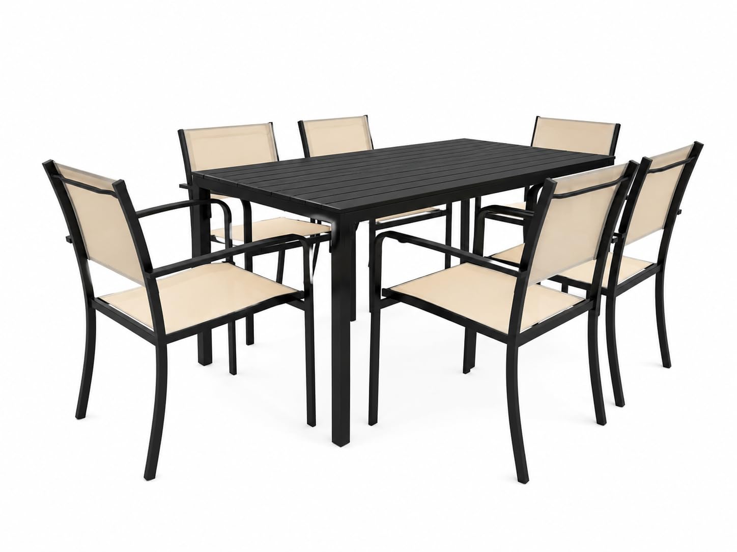 Set da Pranzo Giardino Oregon Tavolo 156x78 cm Effetto Legno 6 Sedie Granada Impilabili Beige Metallo Arredo Esterno Moderno
