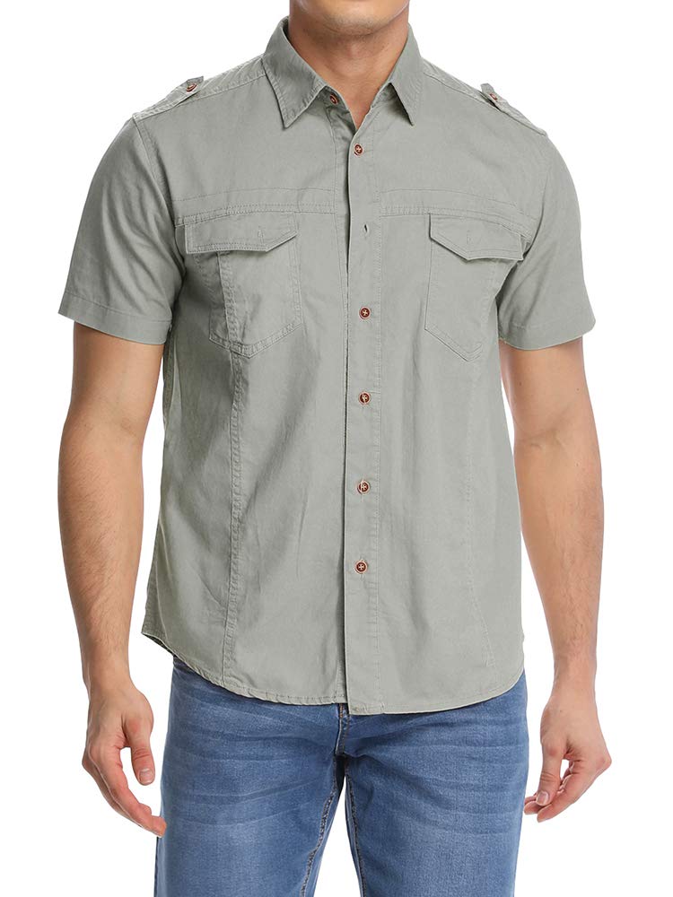 Mesinsefra Men's Synthetic Solid Short Sleeve Military Button Down Shirts
