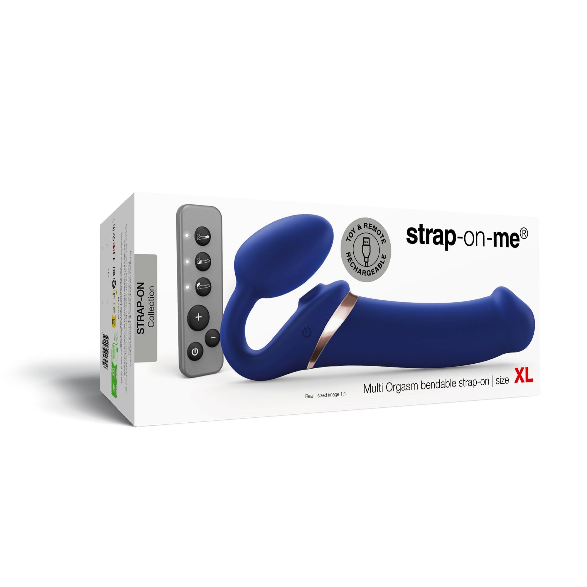 Strap-On-Me Strap-on Multi-Orgasmo Telecomandato 3 Motori – Tecnologia a Memoria di Forma – Tripla Stimolazione – Sex Toy Donna & Uomo in Silicone Morbido – Senza Imbrago, Impermeabile - Blue XL
