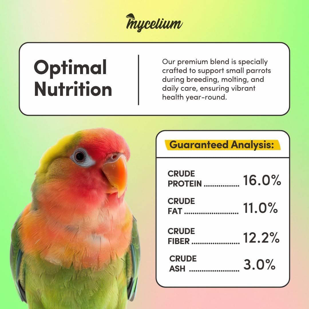Mycelium Organic Small Parrot Plus Bird Seed (5 LBS) | Premium Food for Small Pet Birds | High-Protein, Vitamin-Fortified Daily Nutrition | Supports Brain & Heart Health | USA Made, Non-GMO